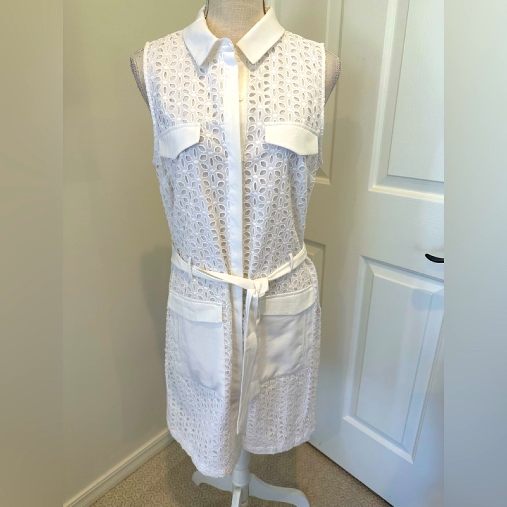 White Eyelet Sleeveless Dress with Belt